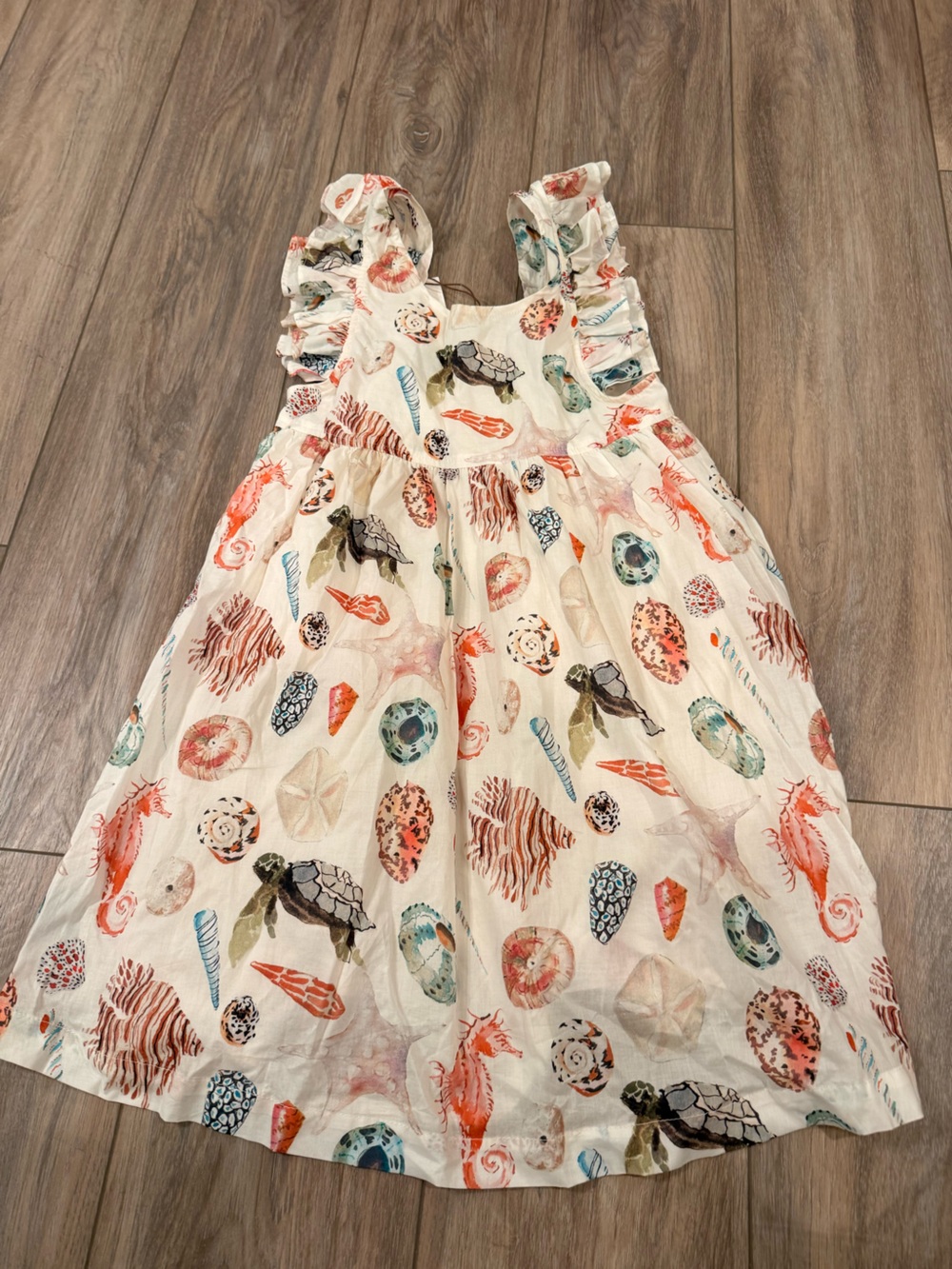 Pink Chicken Cream Seashell & Turtle Print Girls Dress